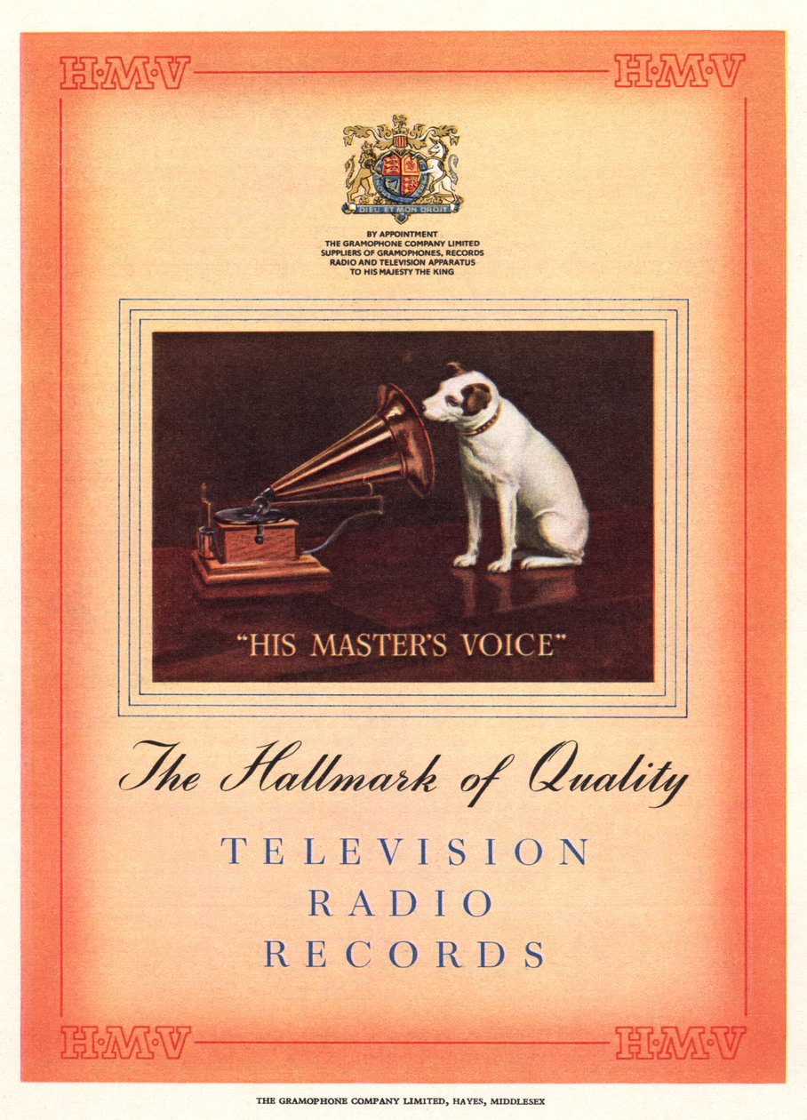 Advert for His Masters Voice, illustrasjon fra South Bank Exhibition-katalogen, Festival of Britain, London, 1951 av English School