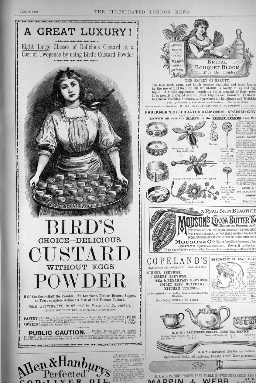 Annonse for Birds Custard Powder, fra The Illustrated London News, 1. september 1886 av English School