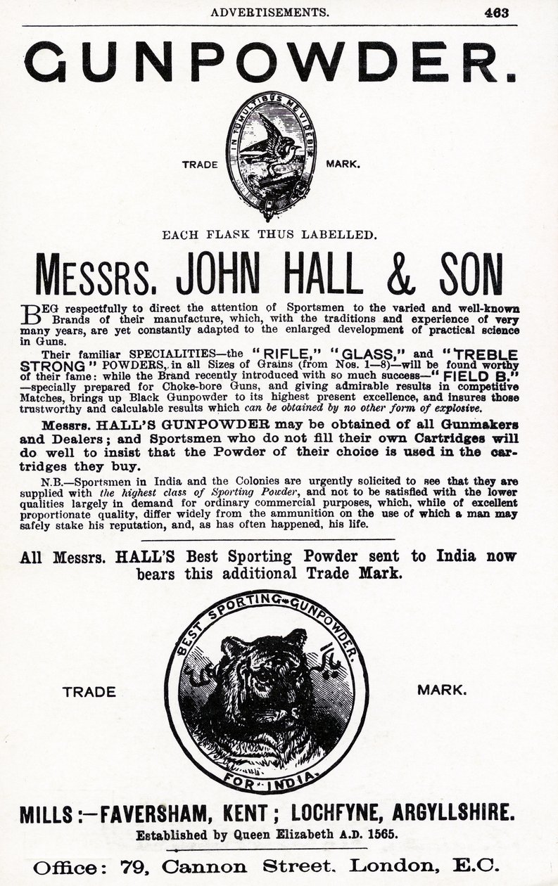 Annonse for Gunpowder av Mrs. John Hall & Son (litho) av English School
