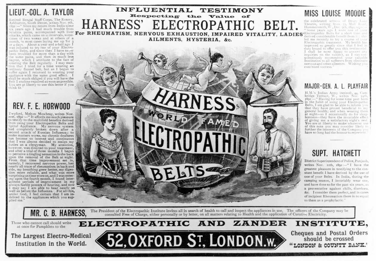 Annonse for 'Harness verdensberømte Electropathic Belts', ca. 1890 av English School
