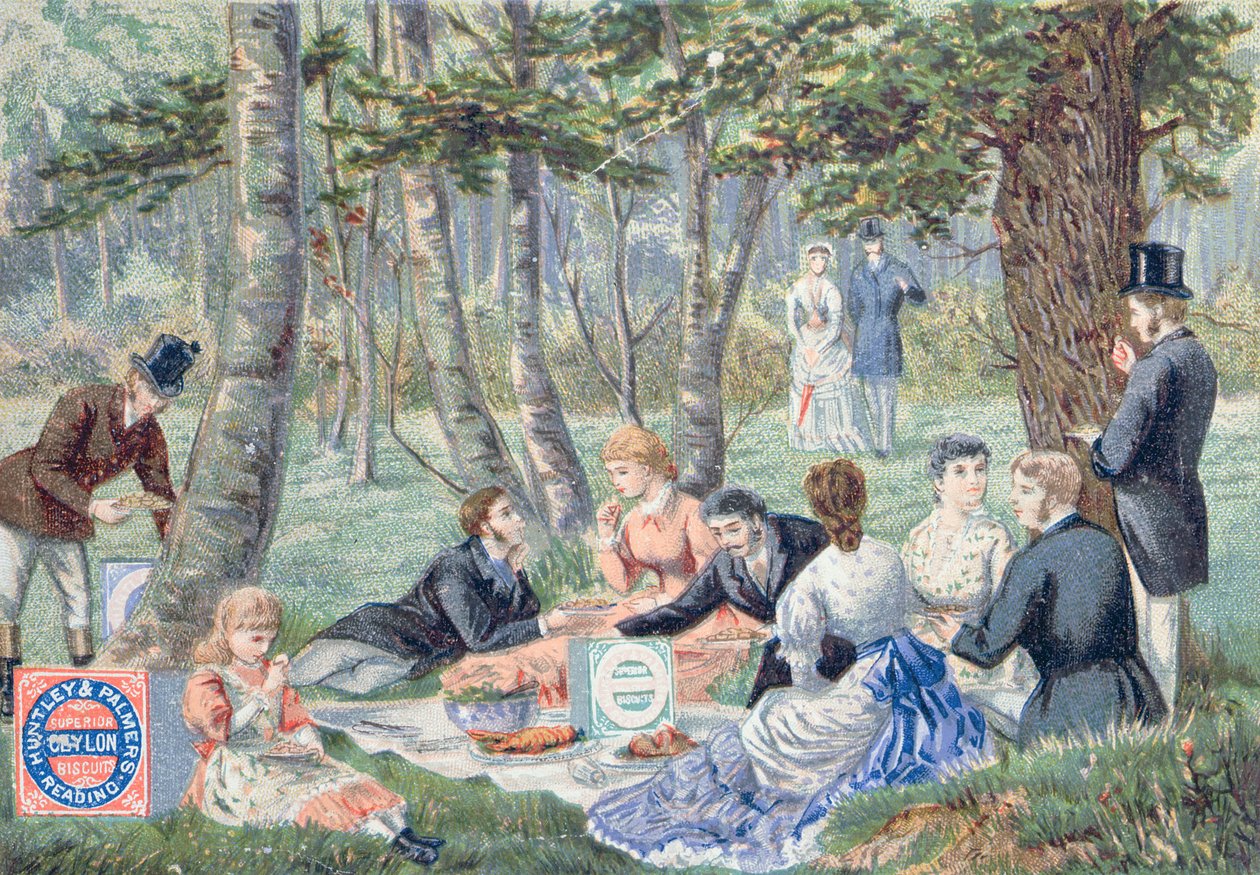 Annonse for Imperial Ceylon kjeks laget av Huntley & Palmer som viser en piknik i Epping Forest av English School