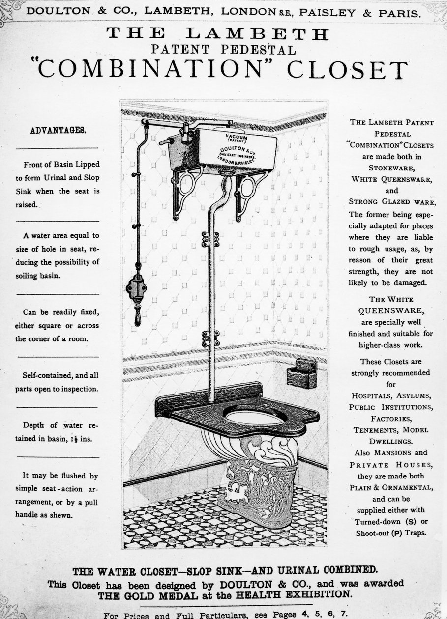 Annonse for The Lambeth Patent Pedestal Combination Closet, ca. 1890 av English School