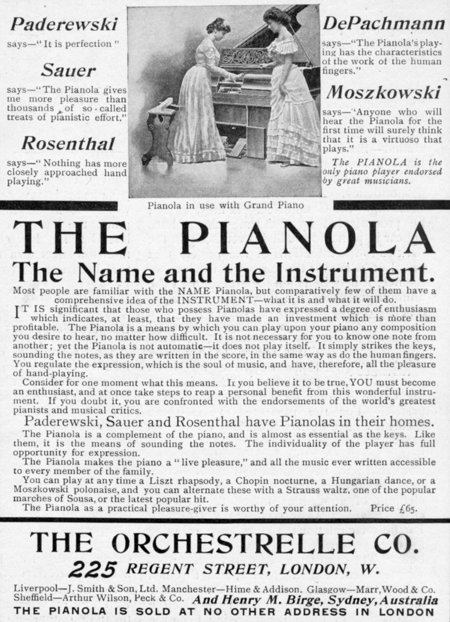 Annonse for The Pianola, fra Kongen, 1. juni 1901 (trykt papir) av English School
