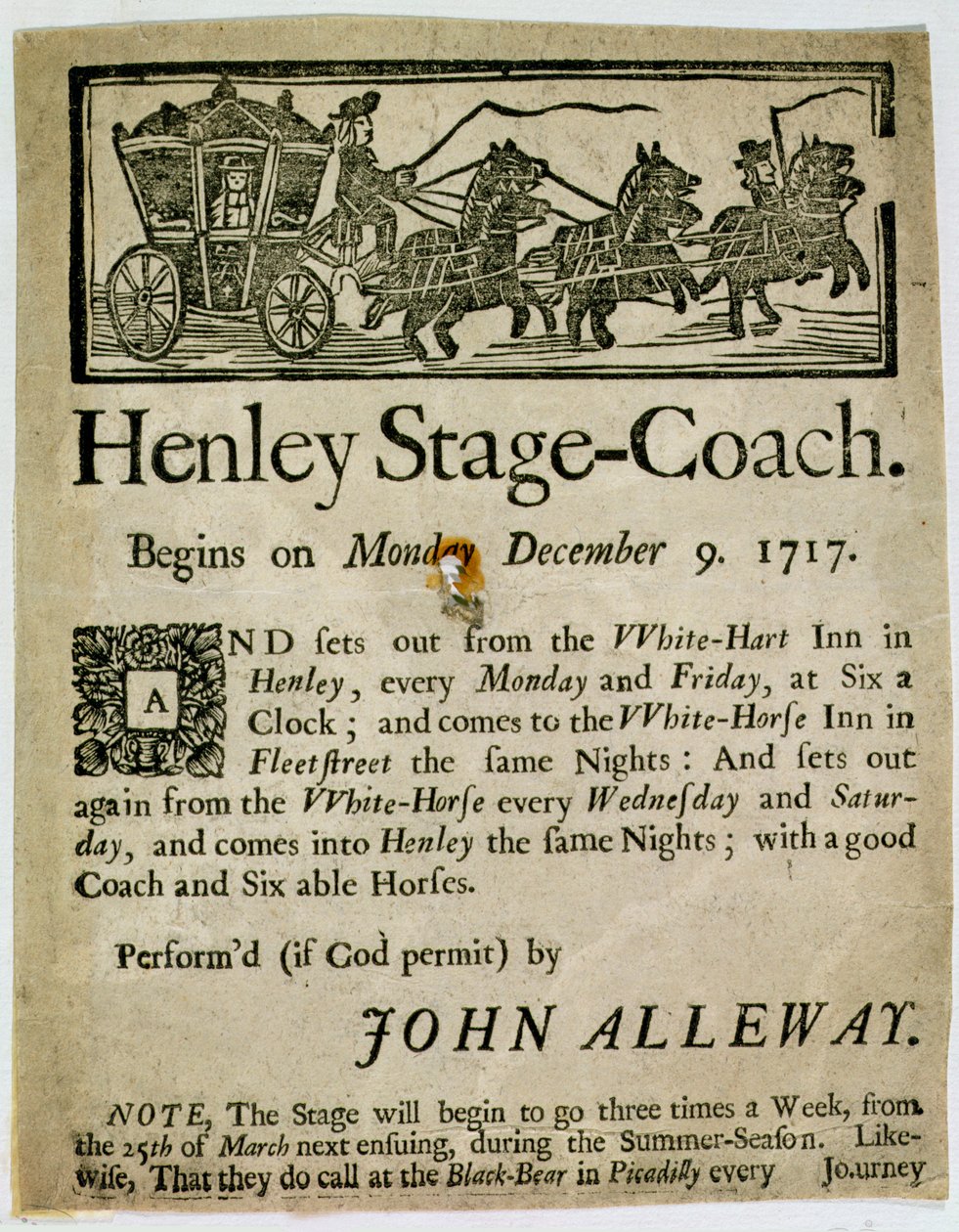 Annonse for Henley Stage Coach, 1717 av English School