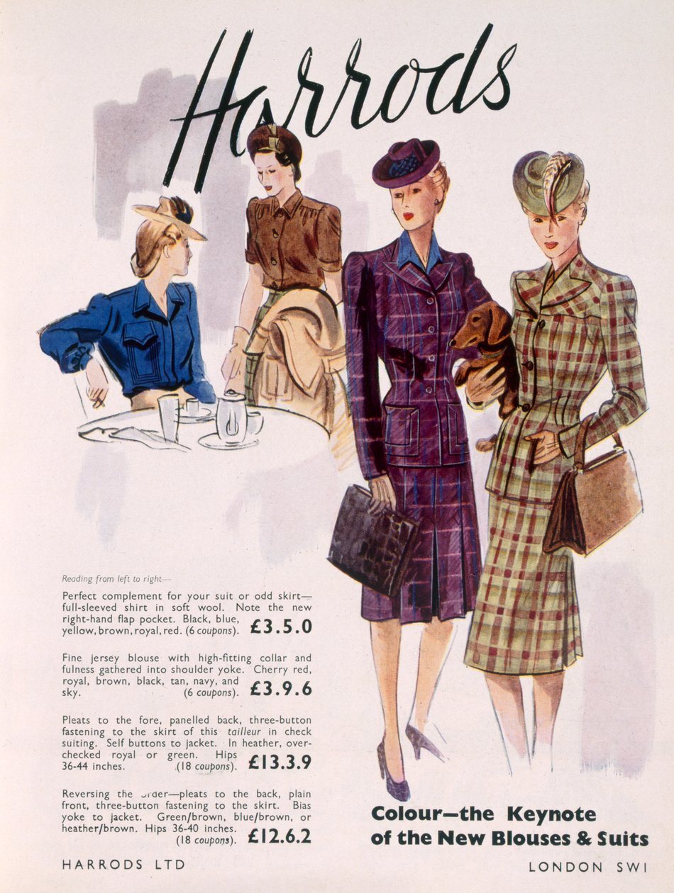Annonse for damebluser og dresser på Harrods, 1945 av English School