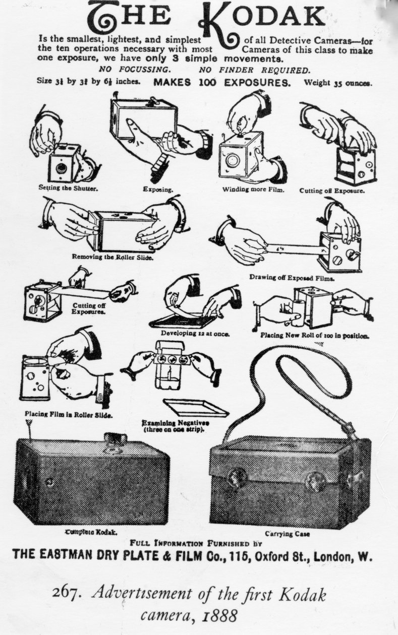 Reklame for det første Kodak-kameraet, 1888 av English School