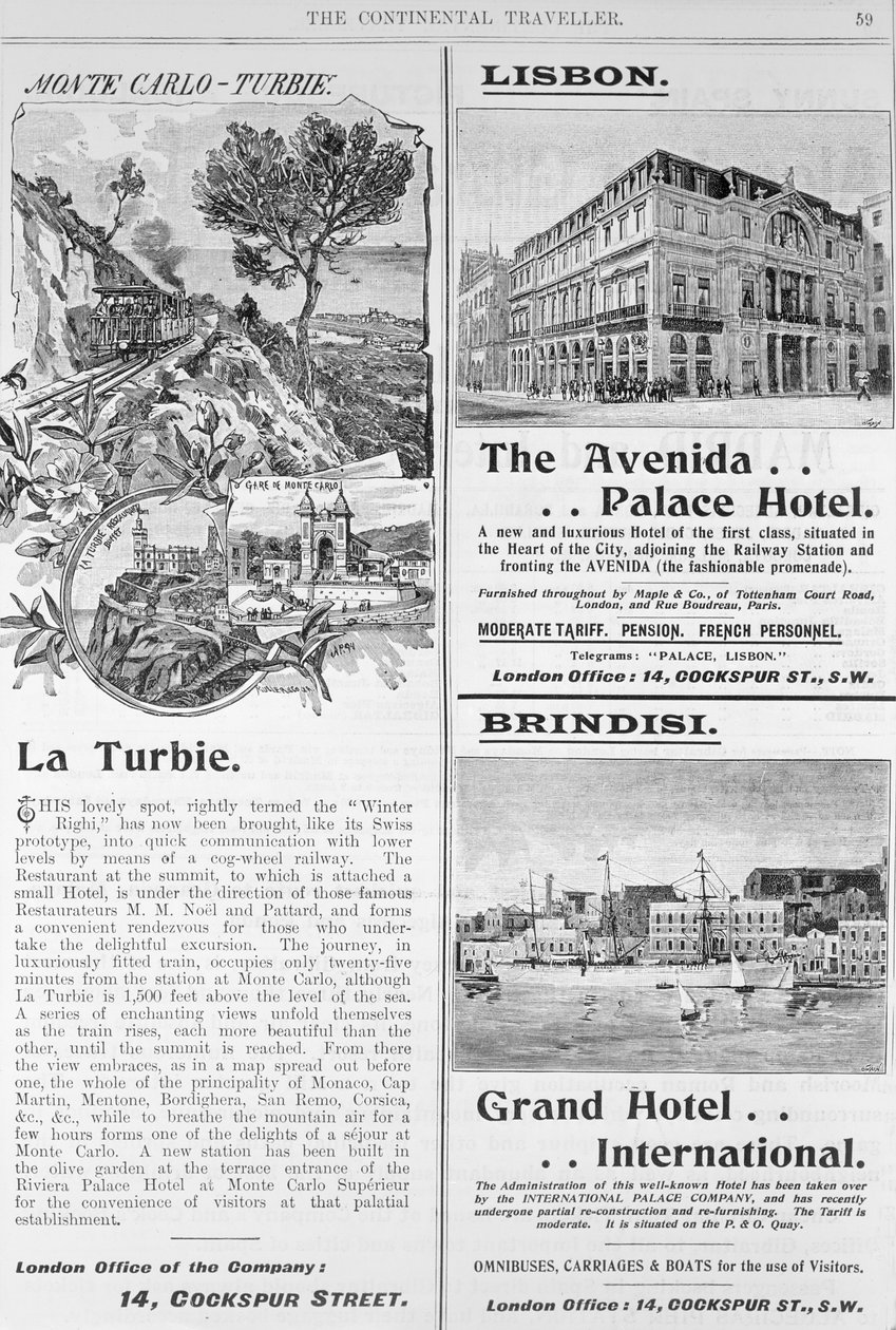 Annonser for La Turbie Restaurant, The Avenida Palace Hotel og Grand Hotel International, fra side 59 av "The Continental Traveller" (avis) av English School