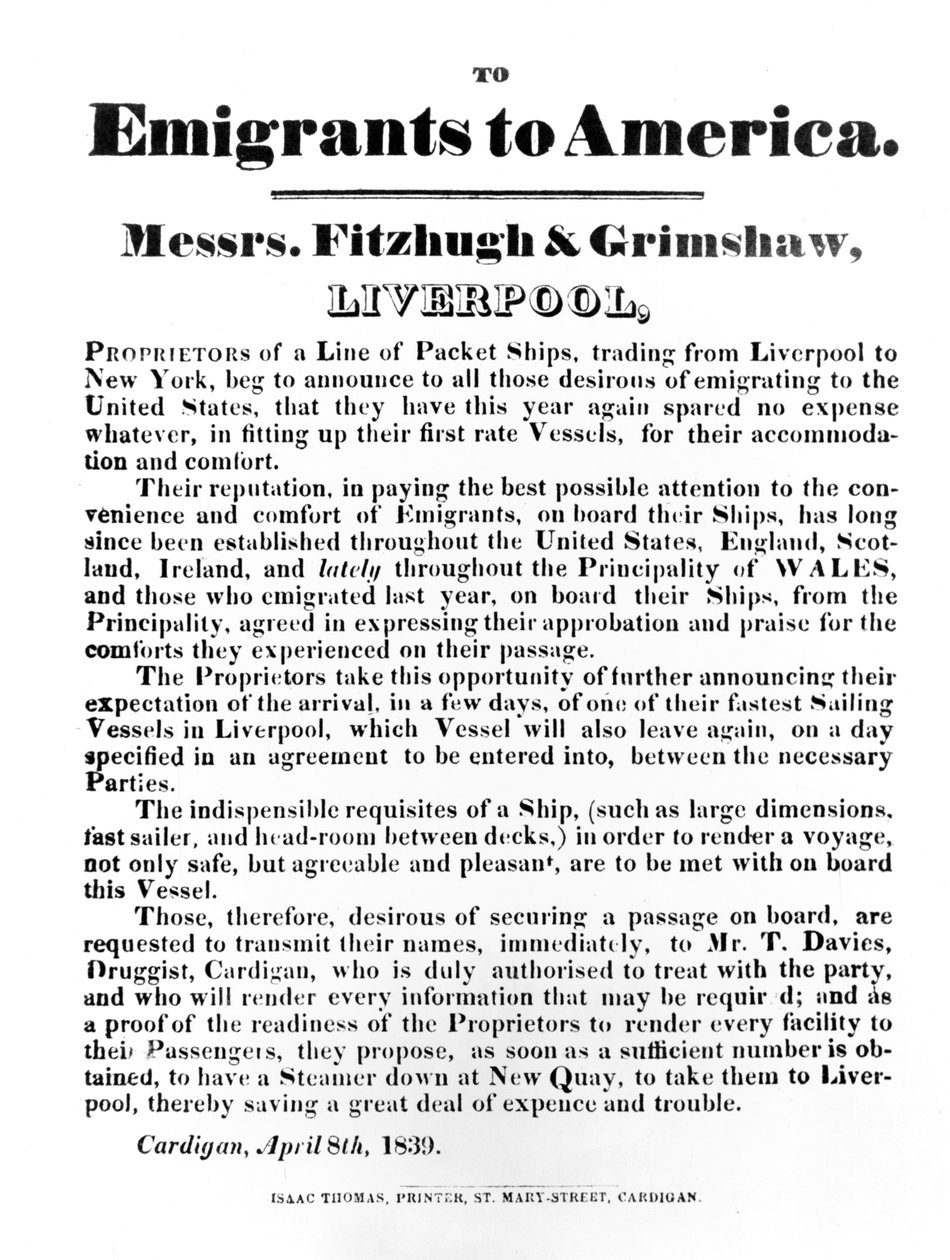 Annonse for pakkesendinger til Amerika, 1839 (trykt papir) av English School