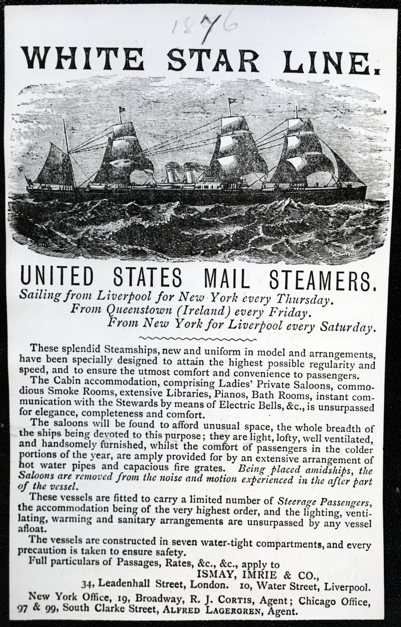 Annonse for White Star Line, 1876 (trykt papir) av English School
