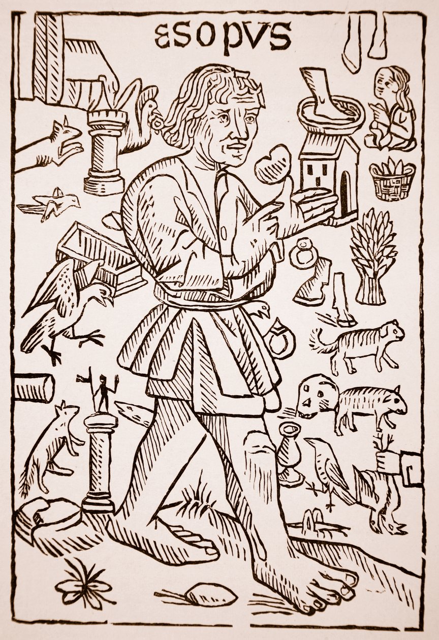 Aesop, frontispice til Aesops Fables av William Caxton (ca. 1422-91), 1434 (sepia-bilde) av English School