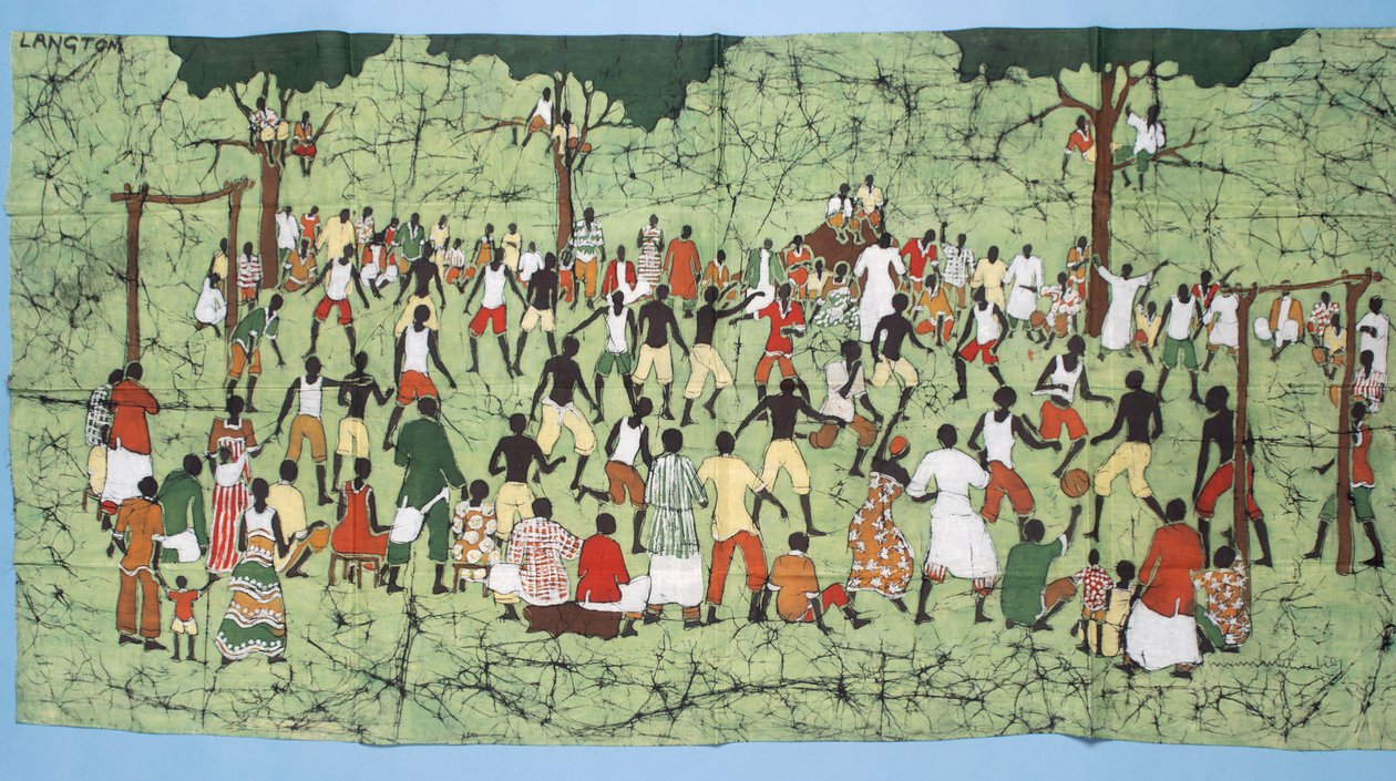 Afrikansk batikk, illustrasjon og fotballkamp med tilskuere som ser på (tekstil) av English School