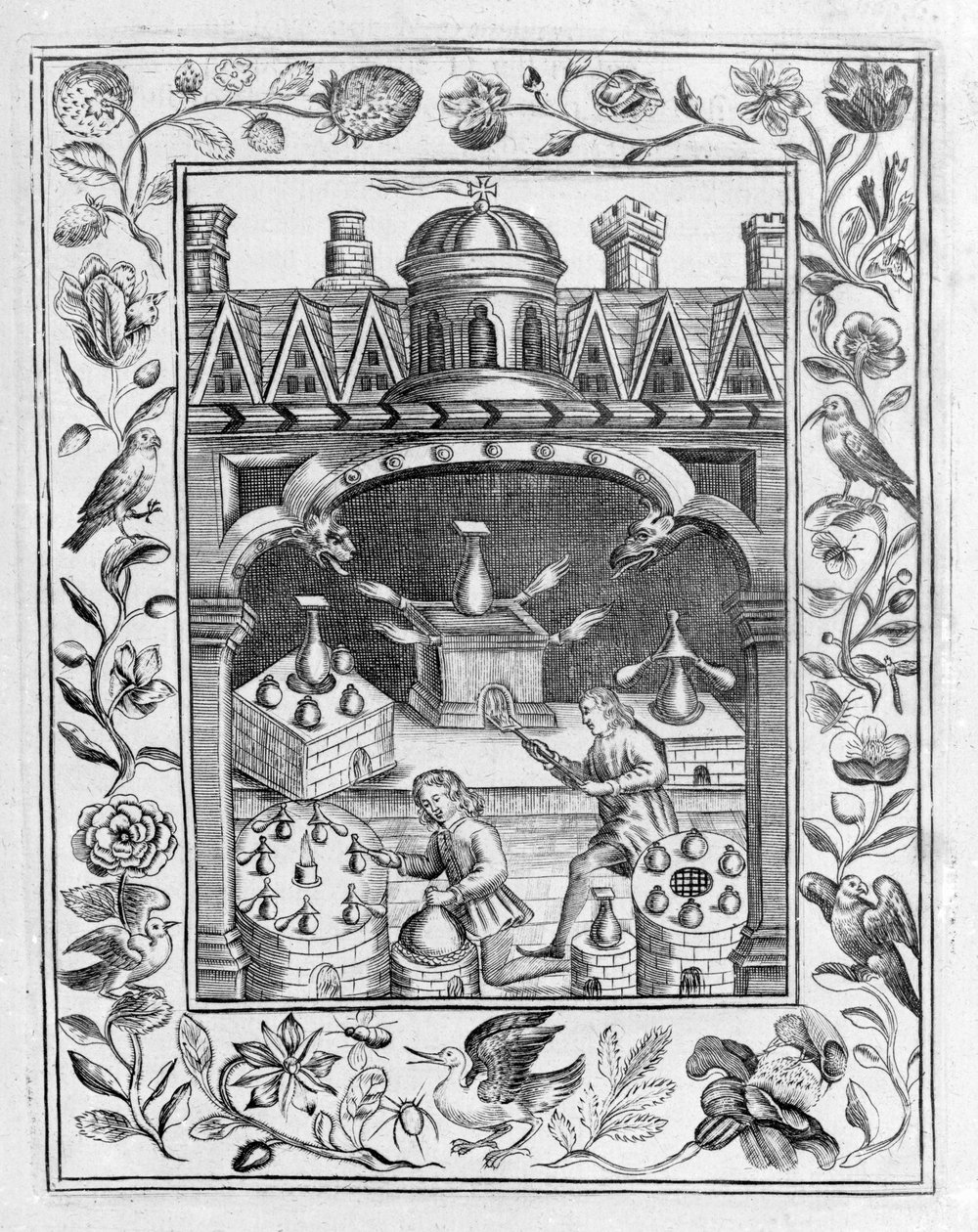 Alkymisk laboratorium som viser ulike former for ovn og kar, hentet fra Theatrum Chemicum Britannicum av Elias Ashmole, 1652 av English School