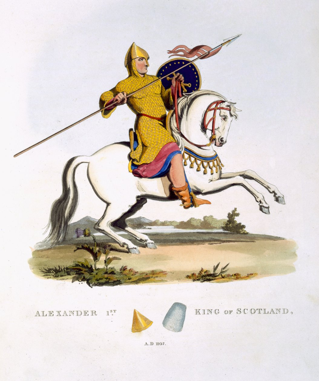 Alexander I, konge av Skottland (ca. 1080-1124), 1107, fra Ancient Armour, av Samuel Rush Meyrick, 1824 av English School