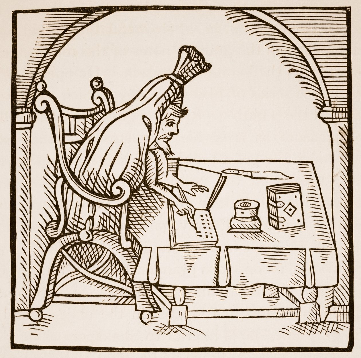 Allegorisk bilde av Robert Green i begravelseslikkledet hans, fra Greene in Conceipt av John Dickenson, 1598 (sepia-bilde) av English School