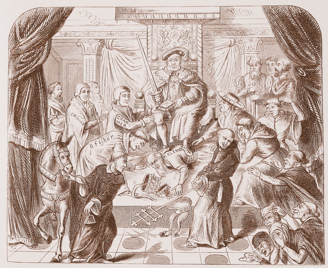 Allegorisk bilde av Henry VIII som tråkker på pave Clement, fra et gammelt trykk i British Museum av English School
