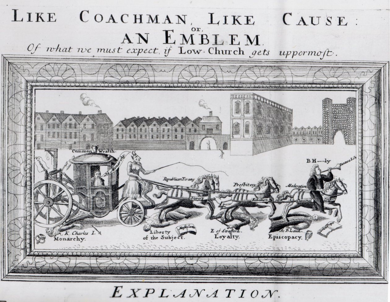 Allegori om farene ved lavkirkelig puritanisme til monarkiet, subjektets frihet, lojalitet og bispedømme, ca. 1640-45 av English School
