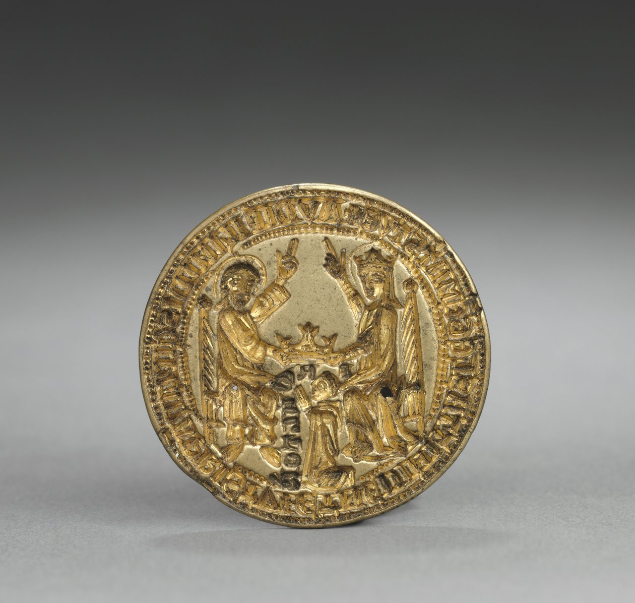 Mandelformet segl: Jomfruens kroning med en knelende munk, 1300-1400 av English School
