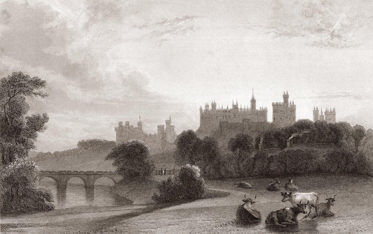 Alnwick Castle, Alnwick, Northumberland, England, på begynnelsen av 1800-tallet. Brukt som lokasjon i Harry Potter-filmer. Fra Churtons Portrait and Lanscape Gallery, utgitt 1836. av English School