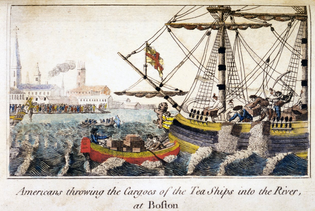 Amerikanere kaster lasten fra teskipene i elven, ved Boston, fra History of the North Americas, pub. London av English School