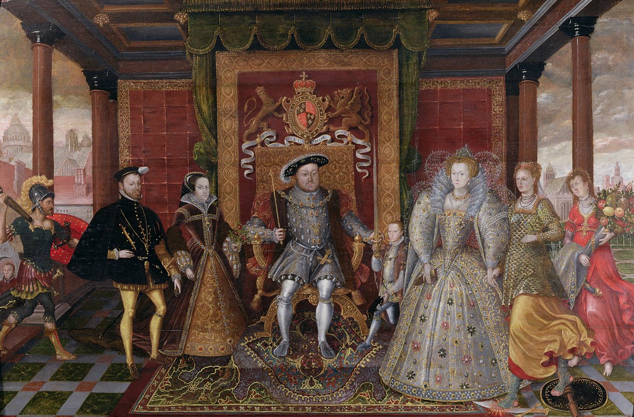 En allegori om Tudor-suksesjonen: Familien til Henry VIII, ca. 1589-95 av English School