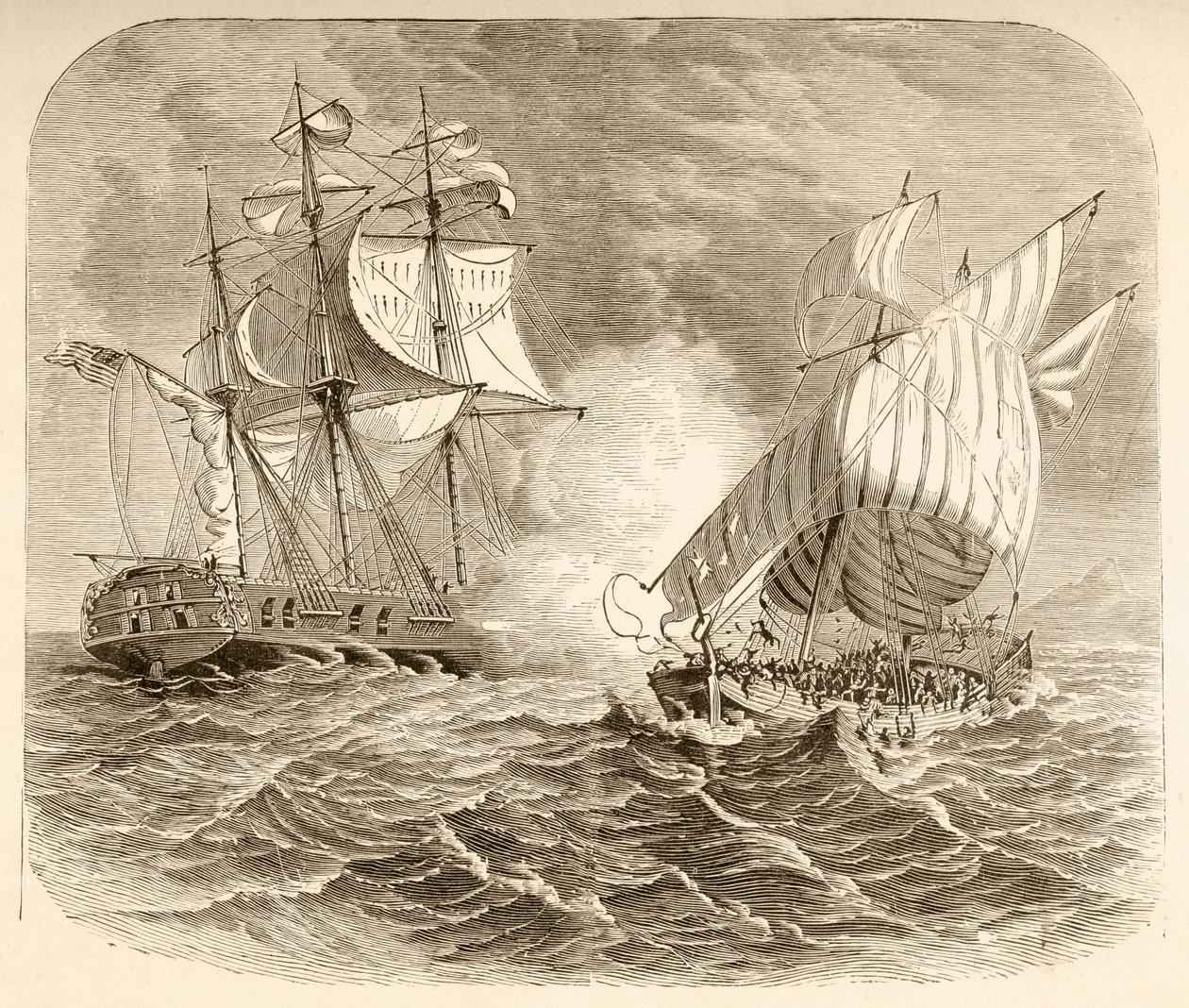Et amerikansk marineskip fanger et algerisk sjørøverskip utenfor Barbary-kysten under den første Barbary-krigen (litho) av English School