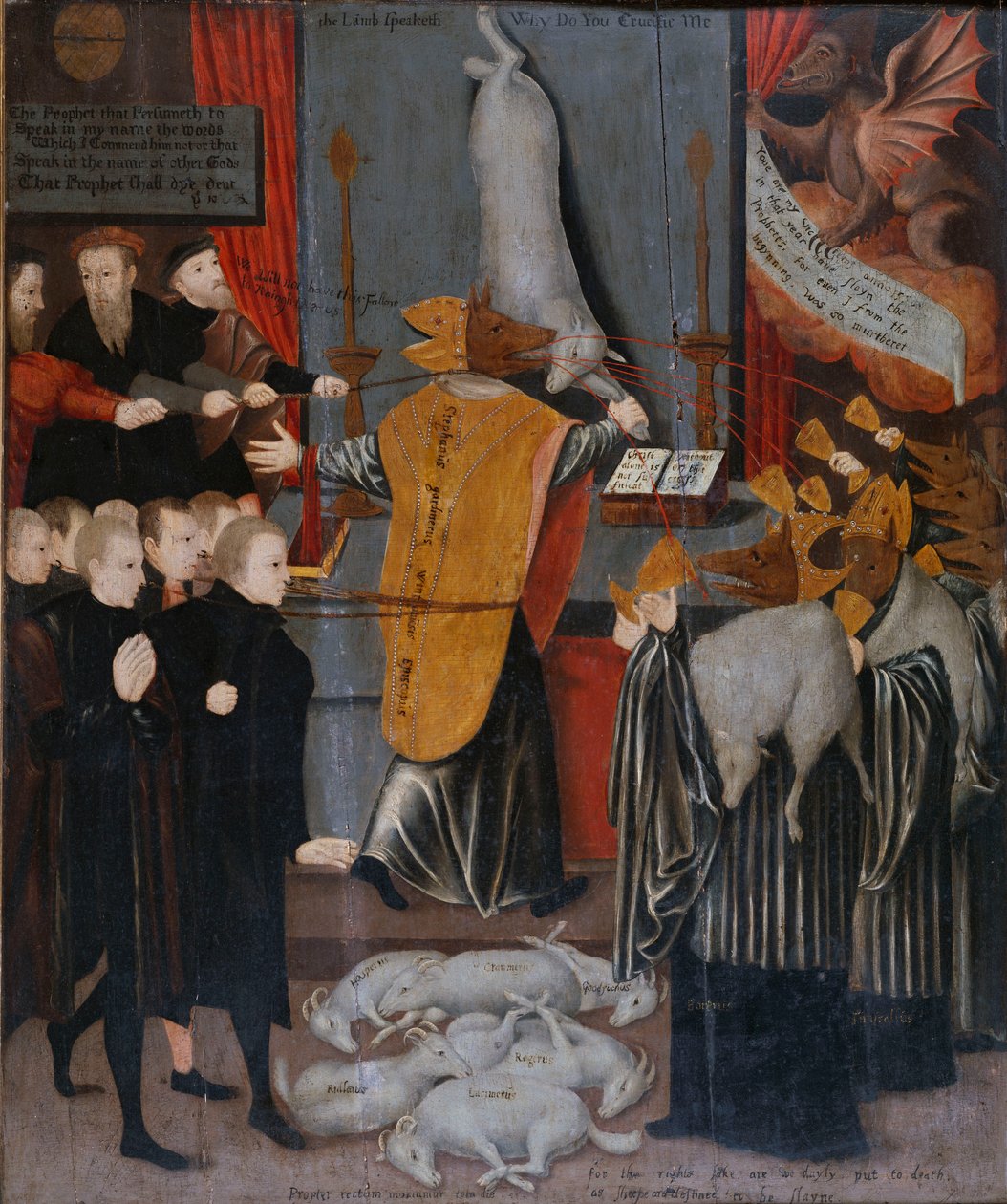 En anti-katolsk allegori med portretter av Stephen Gardiner, biskopen av Winchester og biskopene Bonner og Tunstall som ulver, og med kroppene til Hooper, Cranmer, Goodrich, Ridley Latimer og Rogers som lam, ca. 1555 av English School