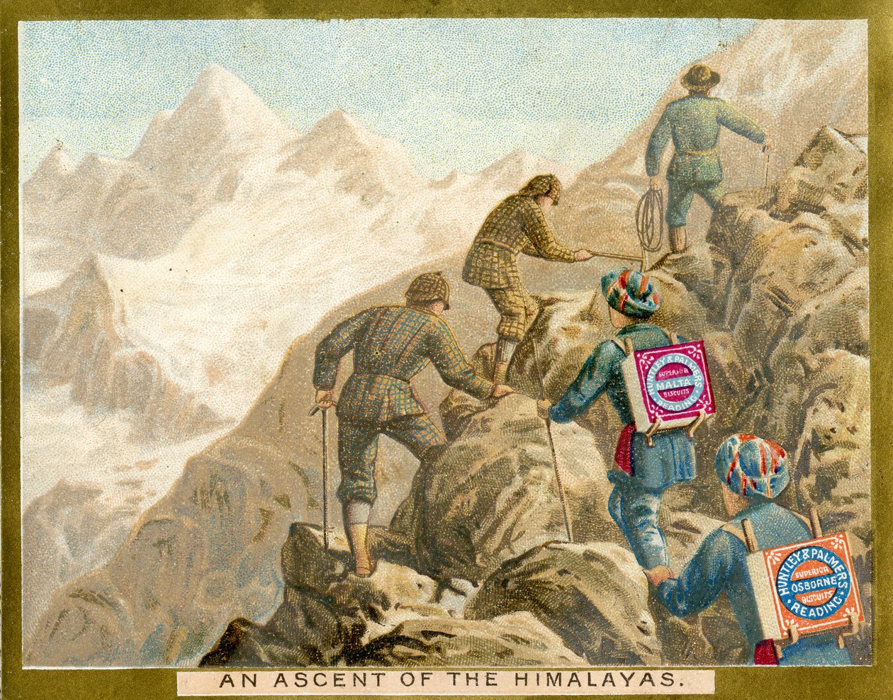 An Ascent of the Himalayas, et kampanjekort for Huntley & Palmers Biscuits, ca. 1890 av English School