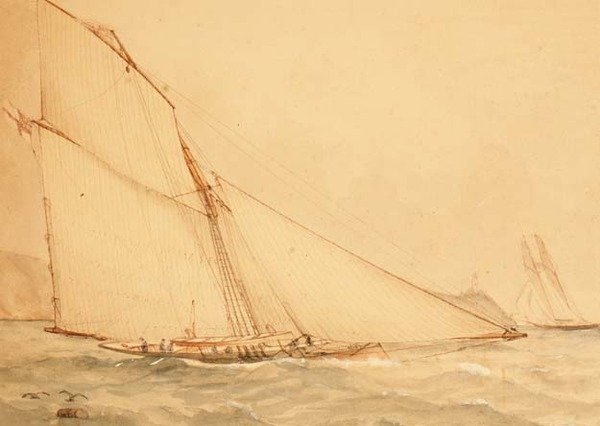 En åtte meter Gaff rigget toppseilkutter, The Royal Yacht Squadron, ca. 1860 (akvarell på papir) av English School