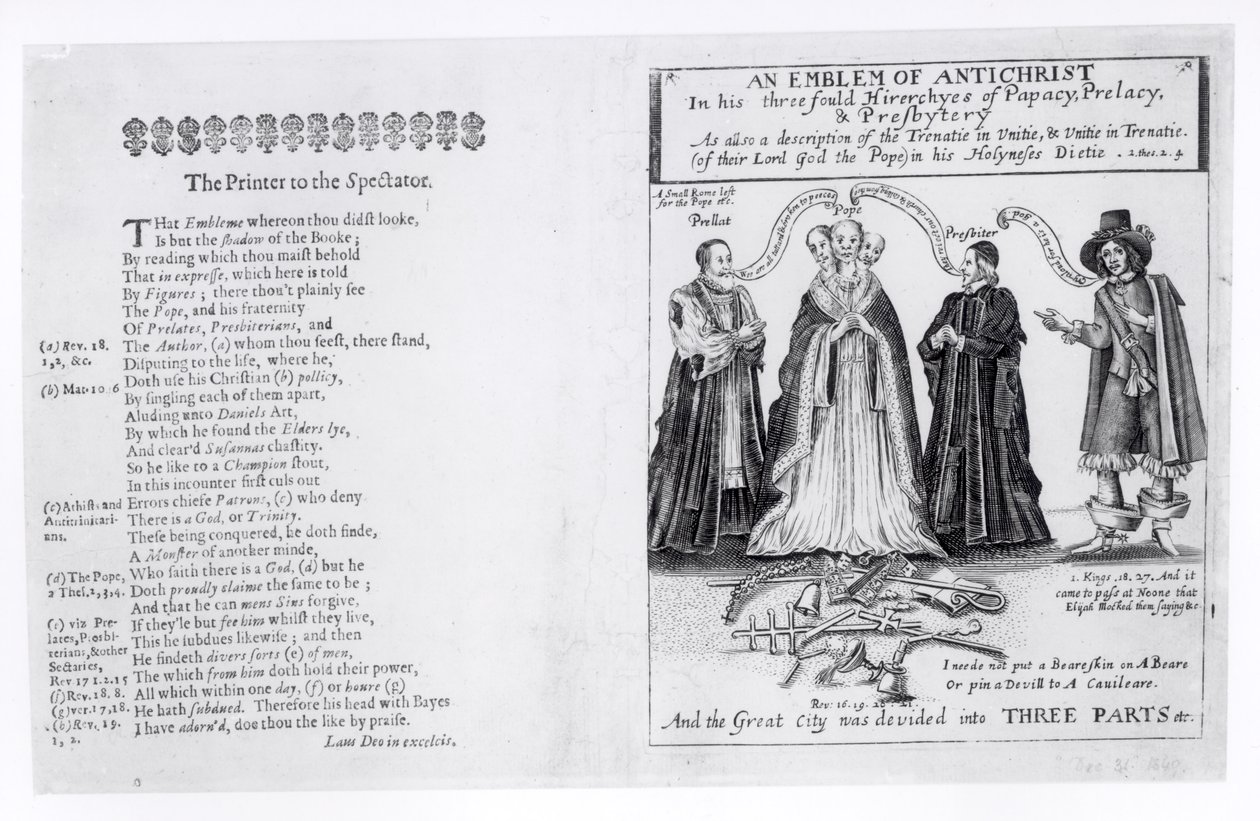 Et emblem av antikrist i hans trefoldige hierarkier av pavedømmet, prelatatet og presbyteriet, 1649 av English School