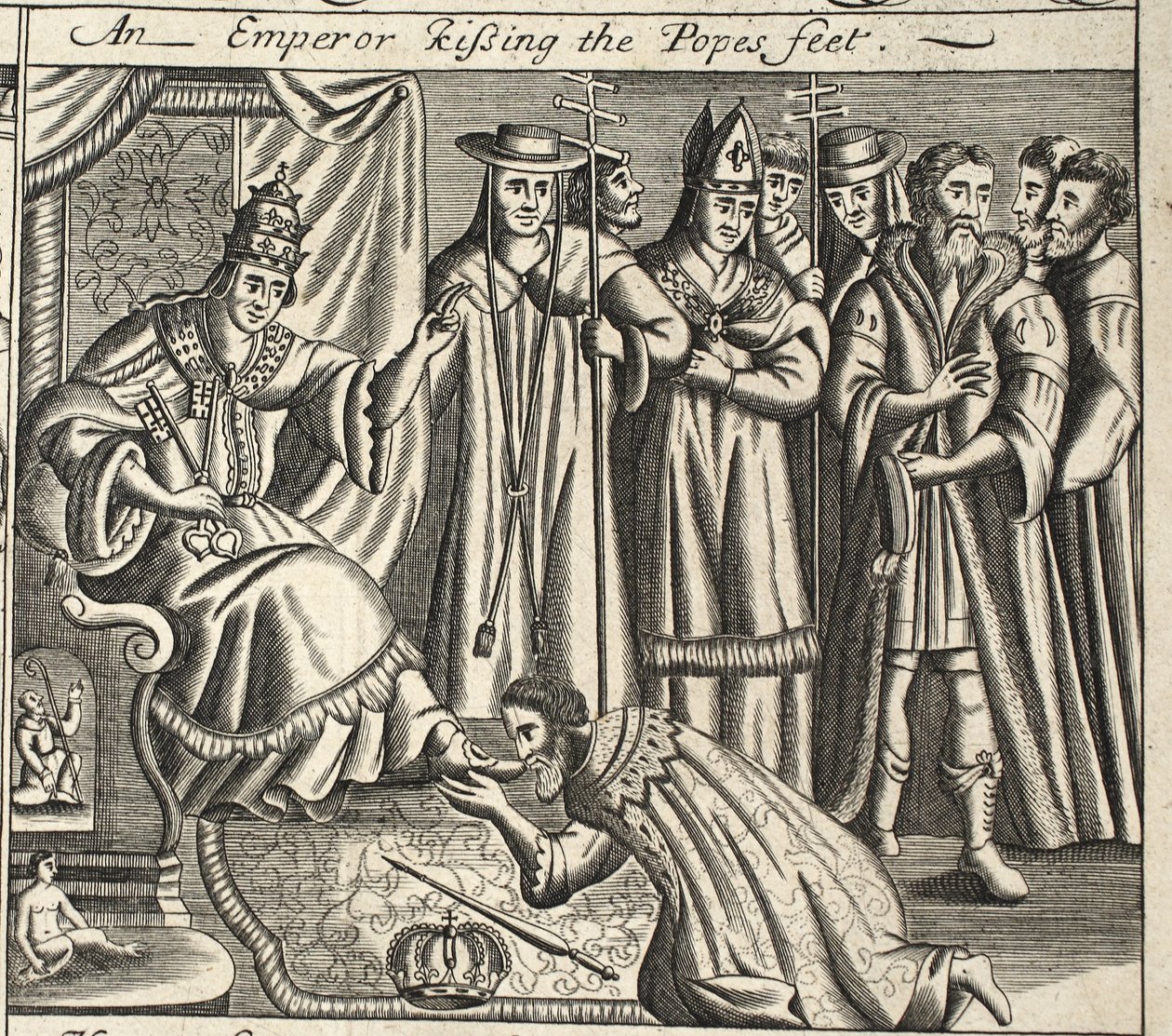 En keiser som kysser pavenes føtter, illustrasjon fra Acts and Monuments av John Foxe, niende utgave, pub. 1684 av English School