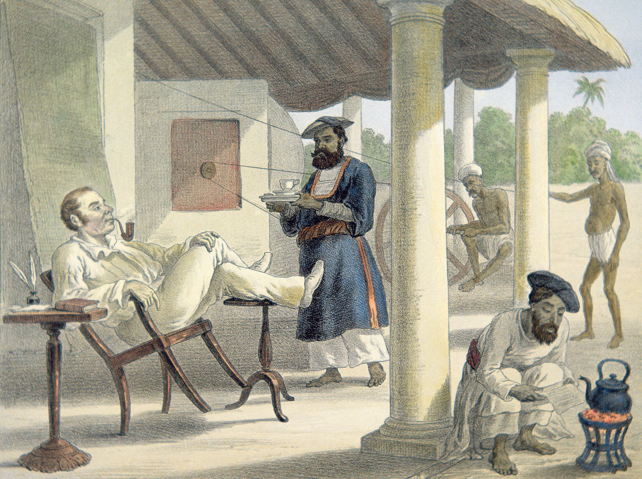 En engelsk tjenestemann og hans innfødte tjenere, ca. 1860 (farge litho) av English School