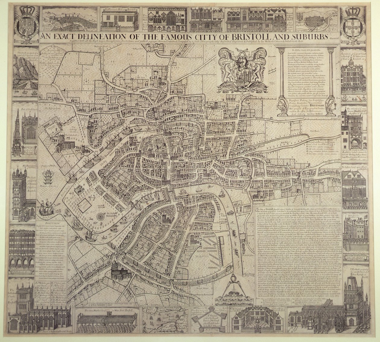 "An Exact Delineation of the Famous City of Bristol and Suburbs", av James Millerd, pub.1673 av English School