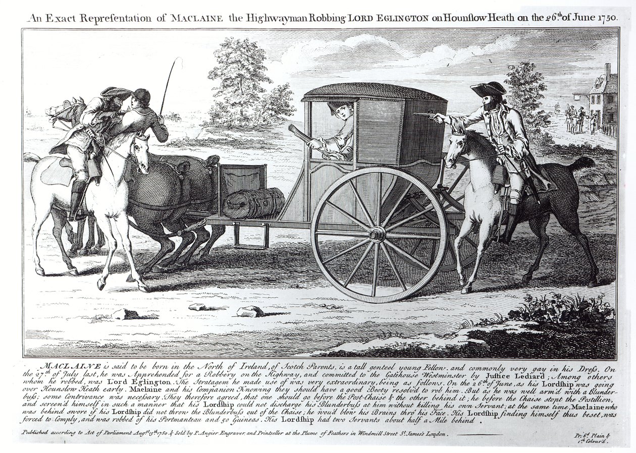 En eksakt representasjon av Maclaine the Highwayman som røver Lord Eglington på Hounslow Heath den 26. juni 1750 av English School