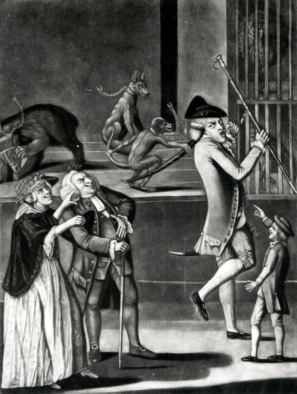 En utstilling av ville dyr eller makaroniene i nød, 1774 (mezzotint) av English School
