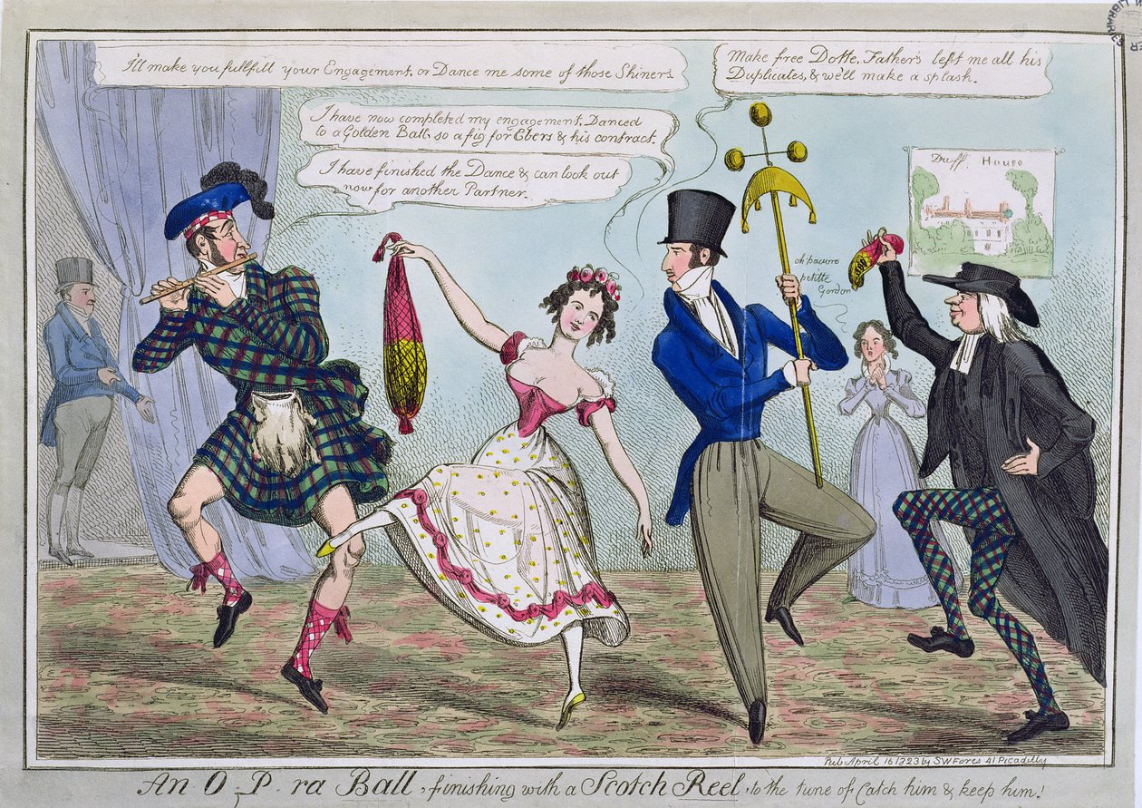 En OPra-ball, avslutning med en skotsk hjul til melodien Catch Him and Keep Him, pub. av SW Fores, 1823 (farget etsning) av English School