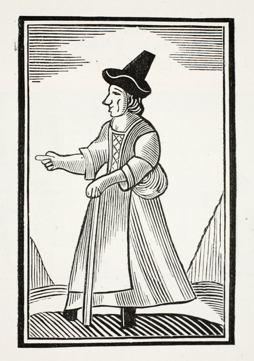En gammel kvinne som skjeller ut i en høy kronet hatt, illustrasjon fra Chapter-books of the Eighteenth Century av John Ashton, pub. 1882 av English School