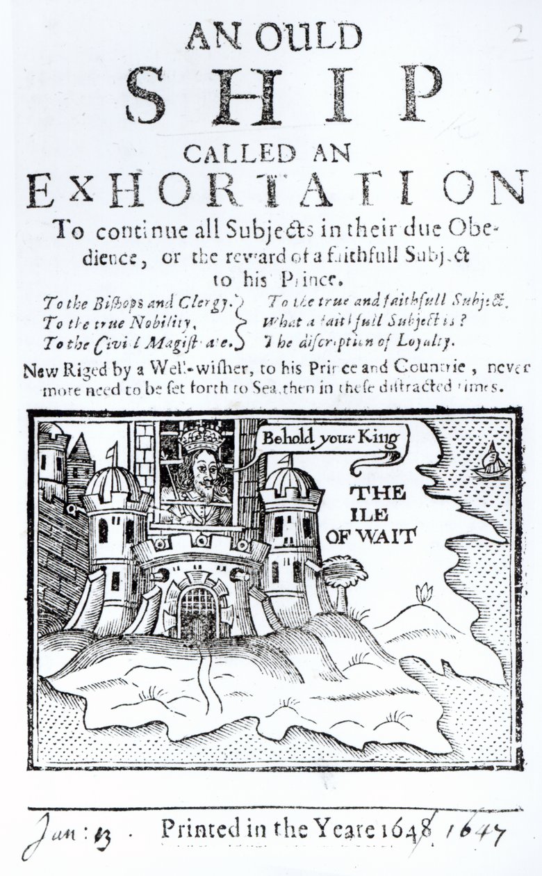 Et gammelt skip kalt en formaning, Charles I fengslet ved Carisbrooke Castle på Isle of Wight, ca. 1647 av English School