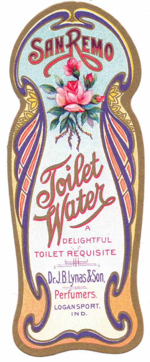 Et parfymemerke i jugendstil for "san remo toalettvann", ca. 1900 av English School