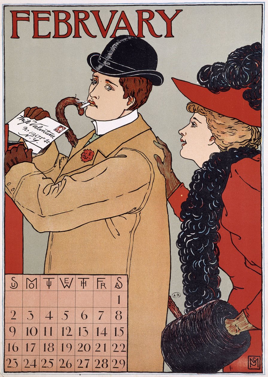 Et elegant par (mann legger ut et brev), engelsk kalenderbilde, februar måned, n.d. slutten av 1800-tallet. av English School