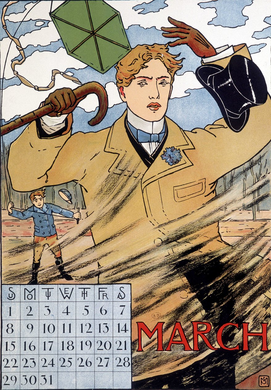 En elegant mann som sliter med vinden - engelsk kalenderbilde, mars, slutten av 1800-tallet av English School
