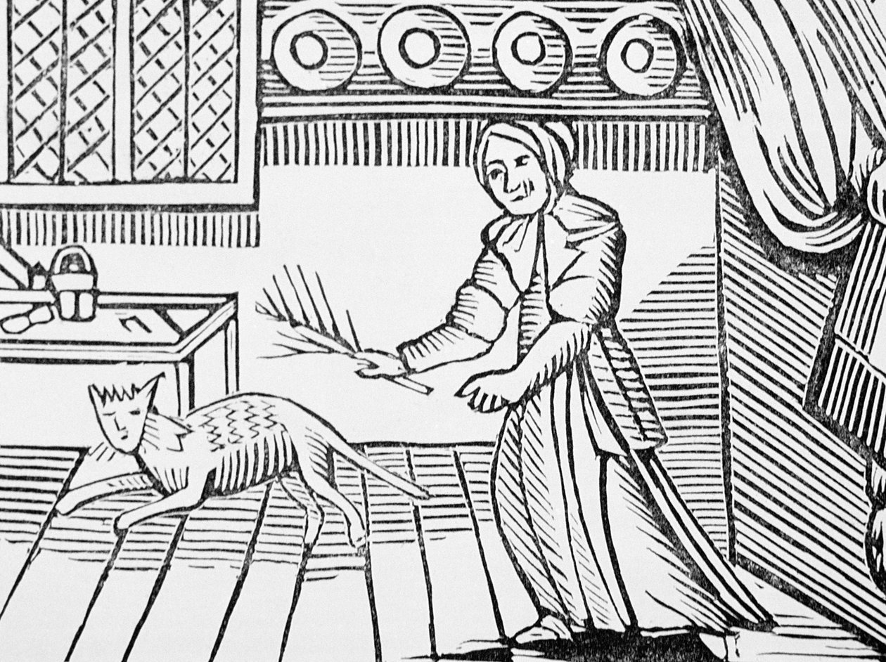 En gammel kvinne som pisker katten sin for å fange mus på en søndag, fra en samling kapittelbøker om esoterica, c14th-c17th av English School