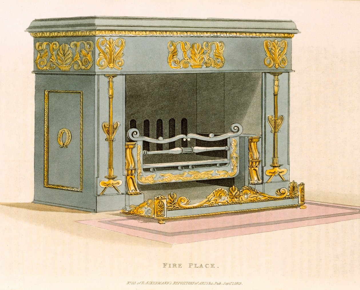 En dekorativ luftovn fra Ackermanns Repository of Arts II, september 1825, gravering av English School