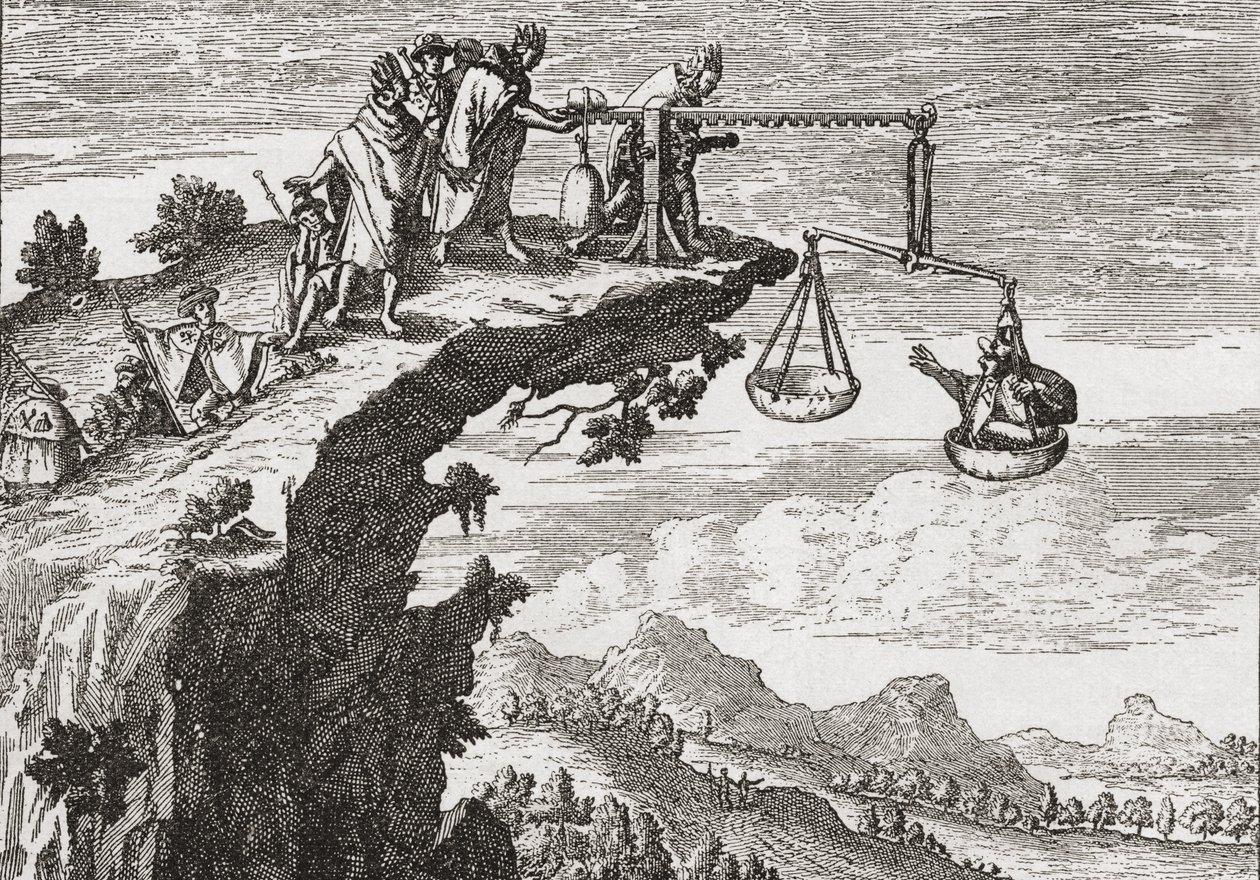 En uvanlig metode for å presse tilståelser fra kriminelle, etter en tegning fra 1500-tallet av Theodorus de Bry. Scenen viser forbryteren som sitter i urettferdighetens vekt mens en prest lener seg over stupet klar til å motta tilståelsen hans. Presumabl av English School
