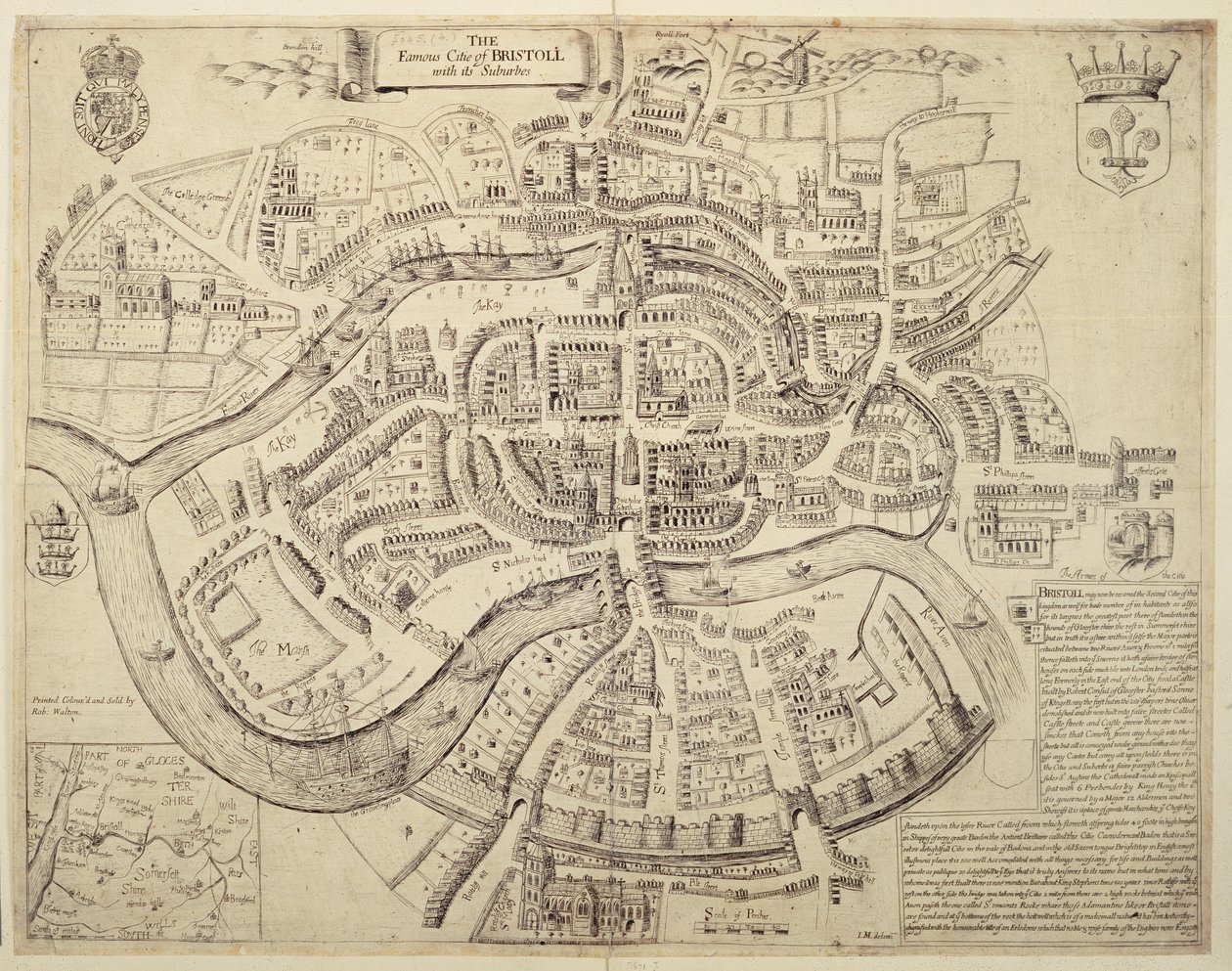 Gamle bykart over Bristol og dets forsteder, trykt, fargelagt og solgt av Robert Walton av English School