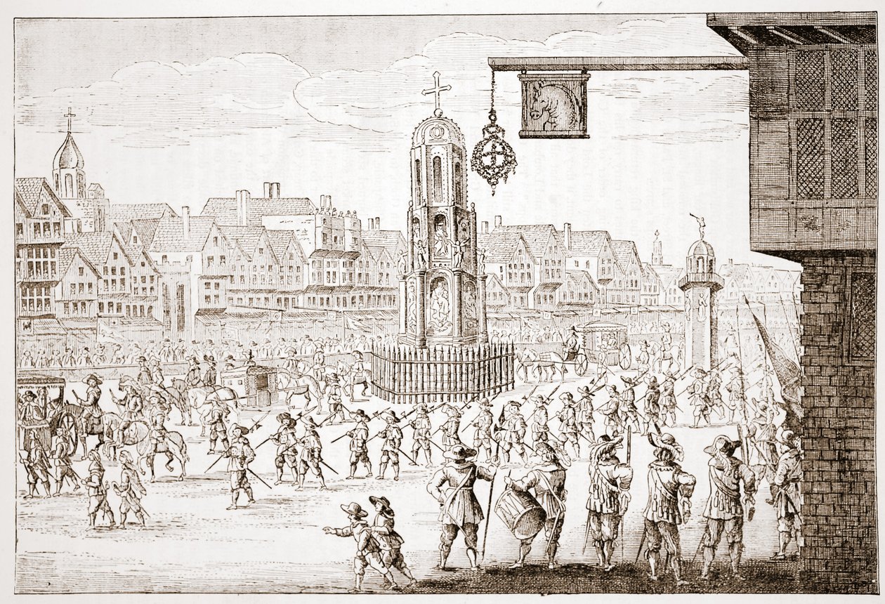 Ancient View of Cheapside, fra La Serres Entree de la Revne Mere du Roy, som viser prosesjonen til Mary of Medicis av English School