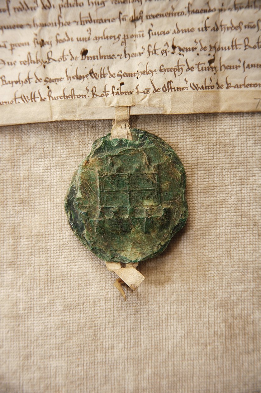 Gammelt segl med et bilde av originalt slott, laget for William de Albini IV, ca. 1267 (papir og voks) av English School