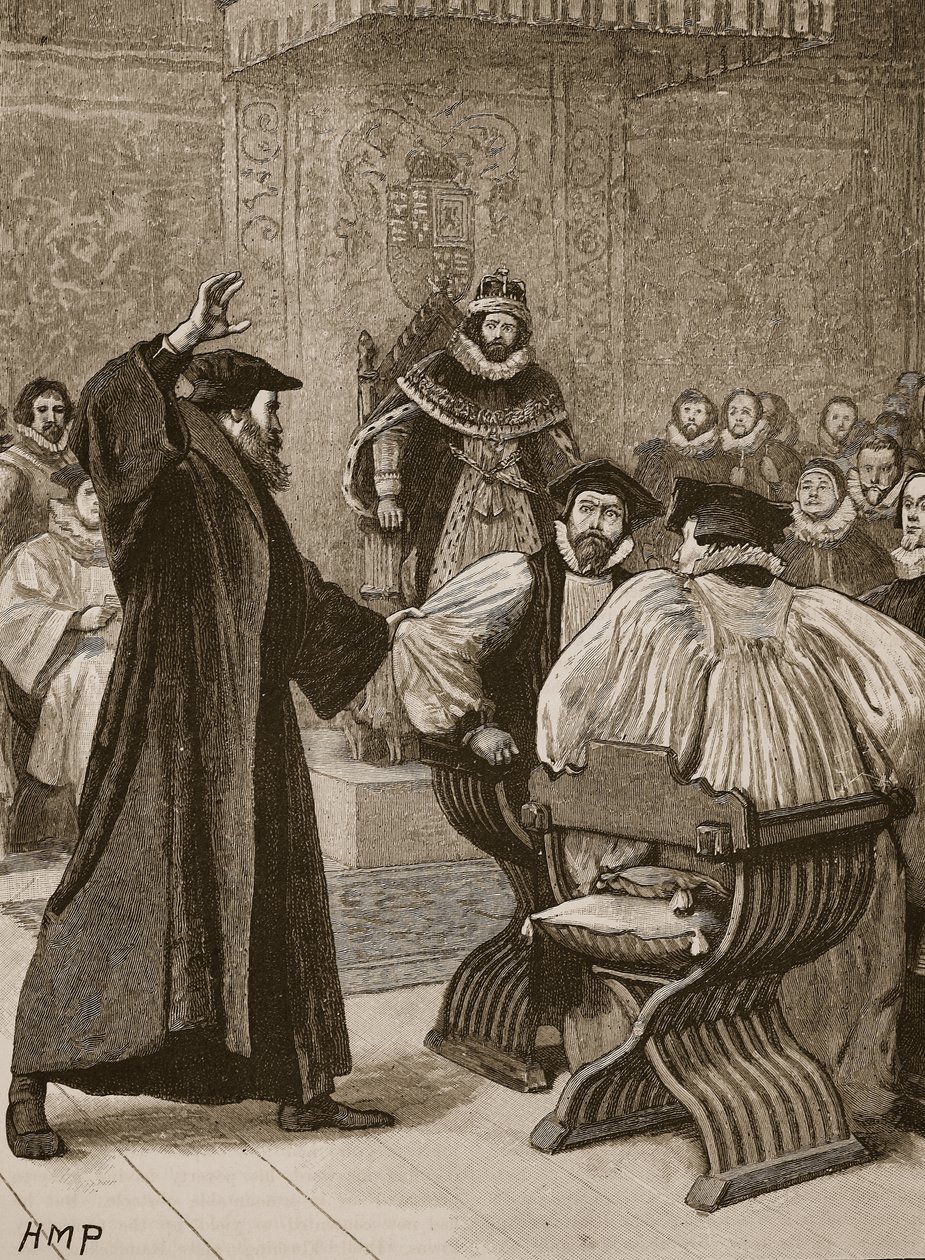 Andrew Melville før Scottish Privy Council, illustrasjon fra Cassells Illustrated History of England (sepiafoto) av English School