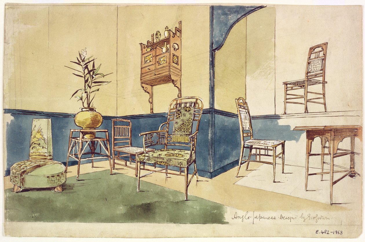 Møbeldesign i Anglo japansk stil av Edward William Godwin (1833-86) ca. 1860 (wc på papir) av English School