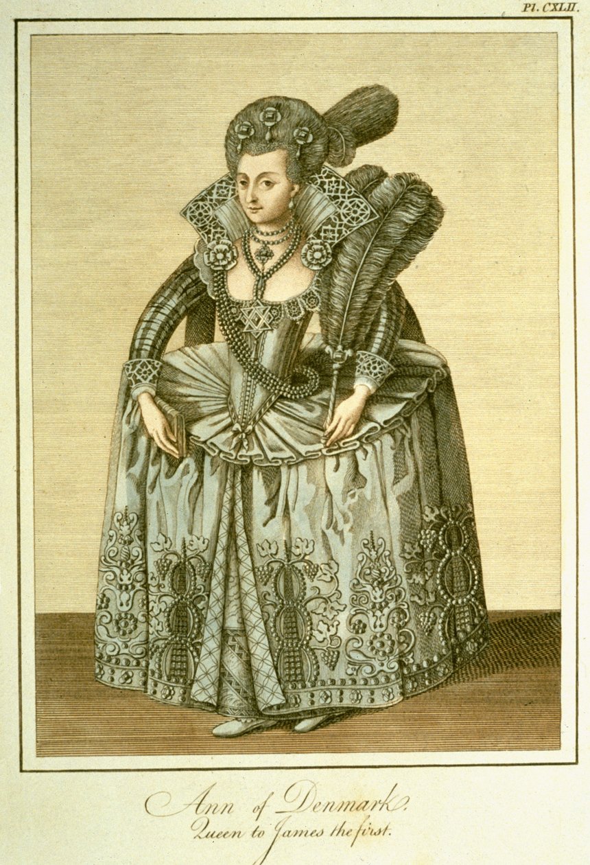 Anne av Danmark (1574-1619) kone til James I, illustrasjon fra The Complete View of the Dress and Habits of the People of England bind II, publisert 1799 av English School