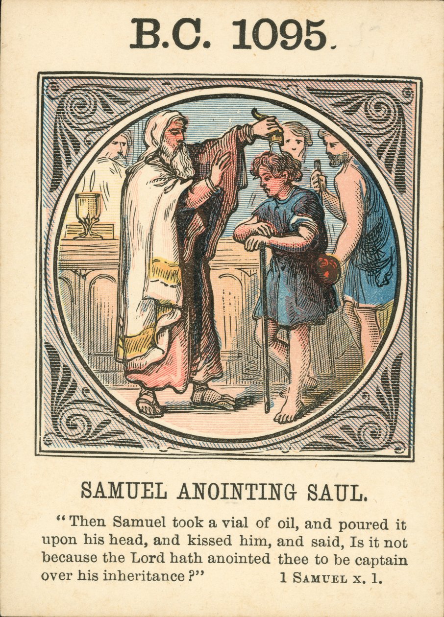Anno Mundi: 1095 f.Kr., Samuel salver Saul (fargelitografi) av English School